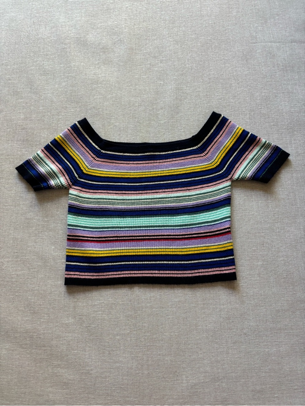 Better Be colorful knit striped bratz cropped off shoulder top